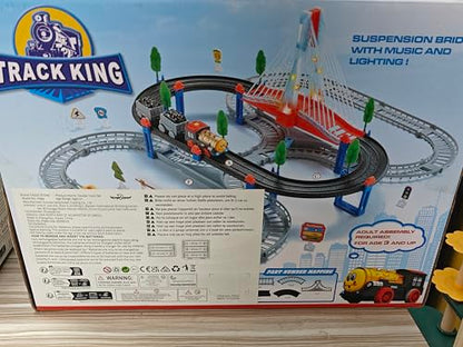 EagleStone electric train set for kids with double layer tracks, illuminated bridge, signs, and accessories for imaginative railway play.