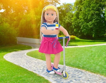 18-inch Our Generation doll wearing Cute to Scoot Deluxe Scooter Outfit with scooter and accessories for pretend play.