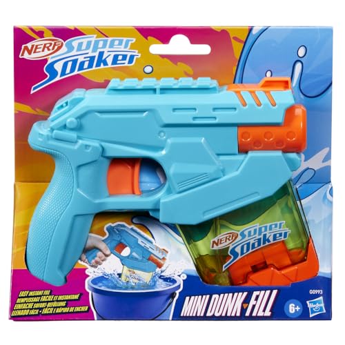Nerf Super Soaker Mini Dunk-Fill Water Blaster for kids age 6+, featuring bright colors and a compact design for outdoor water play.