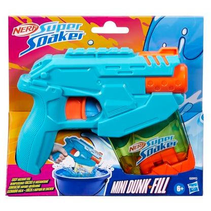 Nerf Super Soaker Mini Dunk-Fill Water Blaster for kids age 6+, featuring bright colors and a compact design for outdoor water play.