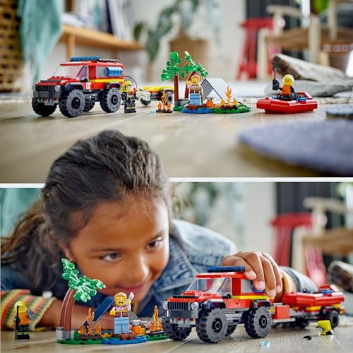 LEGO City 4x4 Fire Engine set with rescue boat, trailer, tent, camper, and two firefighter minifigures for imaginative play.