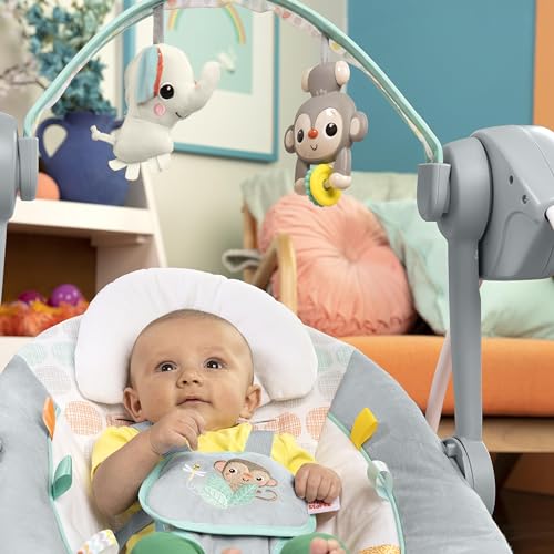 Bright Starts, Whimsical Wild Portable Compact Automatic Baby Swing with Music and Taggies, Removable Toy Bar with 2 Toys, Reclinable, 5 Point Harness, Newborn and up