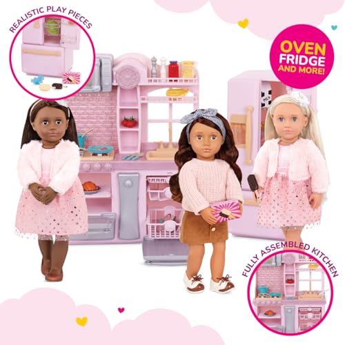 Our Generation pink fridge and kitchen playset with cooking accessories for 18-inch dolls, ideal for imaginative play.