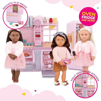 Our Generation pink fridge and kitchen playset with cooking accessories for 18-inch dolls, ideal for imaginative play.