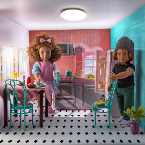 Our Generation pink fridge and kitchen playset with pretend food, designed for 18-inch dolls and imaginative play.