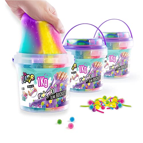 Multicolored fidget slime bucket by So Slime with reusable transparent container and accessories for children ages 6 and up.