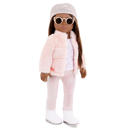 Pink faux-fur coat outfit for 18-inch dolls, designed by Our Generation, perfect for pretend play and fashion accessories.