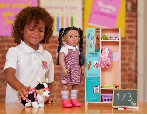 Our Generation Classroom Cool Locker Set featuring a realistic school locker and accessories for 18-inch dolls.