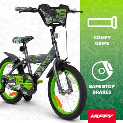 Huffy Delirium 16-Inch Boys’ Bike, Durable Steel Frame, Dual Caliper Brakes, Removable Stabilisers, Single-Speed, Kids’ Bicycle for Ages 4-6, Storm Matte Grey & Lime Green