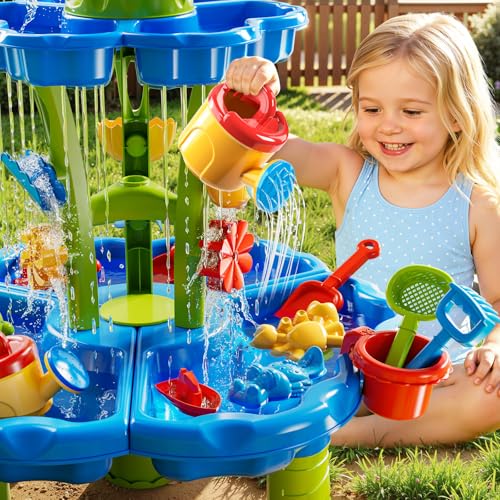 DULONIME 3-Tier Sand and Water Table Toys for Kids Aged 3 4 5 6 7 8, Water Waterfall Sensory Play Table with Beach Toys Accessories, Outdoor Activity Playset for Toddlers 2-4 3-5 4-6, Birthday Gifts