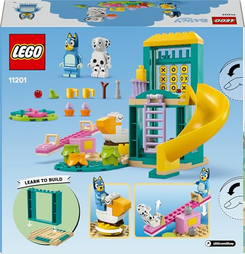 LEGO Bluey Playground Fun set featuring Bluey and Chloe minifigures, pink see-saw, slide, climbing frame, and plants.