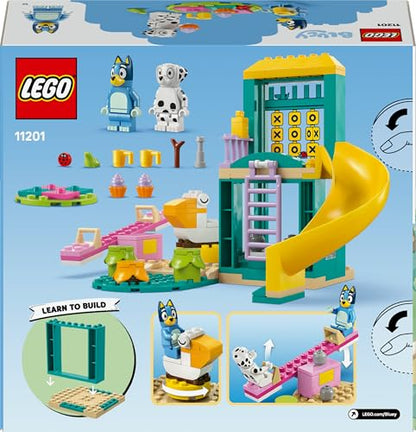 LEGO Bluey Playground Fun set featuring Bluey and Chloe minifigures, pink see-saw, slide, climbing frame, and plants.