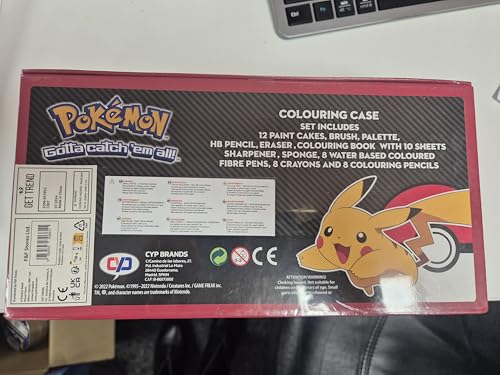 Pokémon art supplies set featuring coloring pencils, felt tip pens, watercolour paints, and wax crayons with Pikachu design.