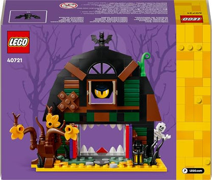 LEGO Halloween Barn 40721 with skeleton minifigure, spooky bat, and lamps, perfect for creative play and display.