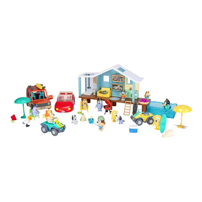 Bluey Friends & Family Beach Bash Mega Set house playset with 45 pieces, including stickers, featuring Bluey and family characters.
