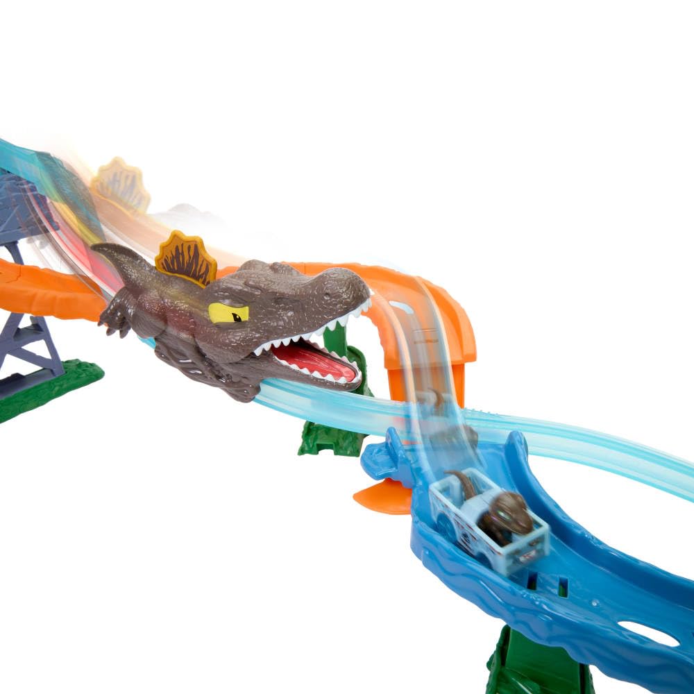 Hot Wheels Toy Car Track Set, RacerVerse Jurassic World Crash & Splash Playset with Die-Cast Velociraptor Vehicle, Dinosaur Race with Spinosaurus, JFP32