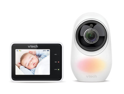 VTech RM2751 2.8-inch Wi-Fi HD baby monitor with remote access, showing the monitor screen displaying a baby in a crib.