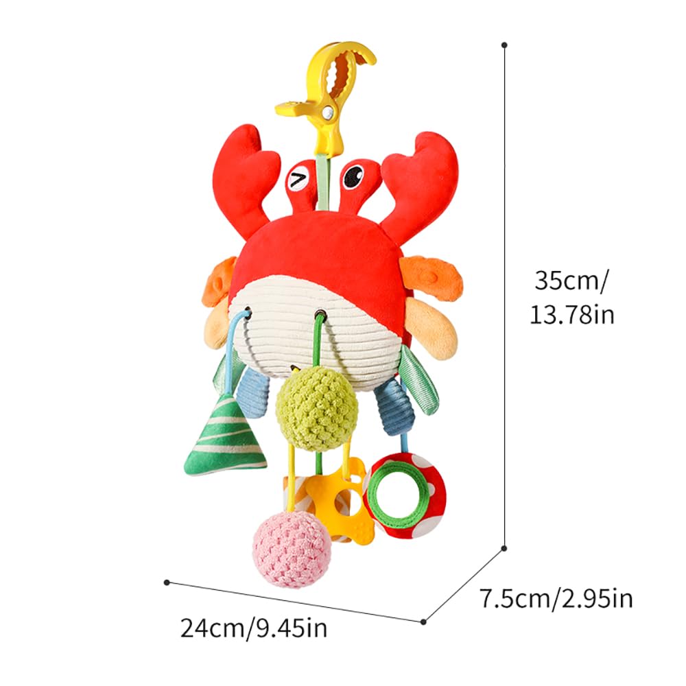 Vamotto Crab Car Seat & Stroller Toy for Babies 0-12 Months, Sensory Hanging Toy with Rattle, Mirror, Squeaker, Pull Strings, Fine Motor Skills Baby Gift for Newborn Infant Boy Girl
