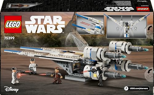 LEGO Star Wars 75399 Rebel U-Wing Starfighter with swing-wing feature and minifigures including Cassian Andor and K-2SO.