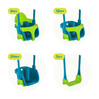 Green TP Toys Quadpod 4-in-1 growable baby and toddler swing seat with adjustable ropes and safety strap for outdoor gardens.