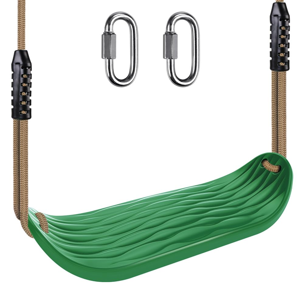 BeneLabel kids swing seat made of hard plastic, green water ripple design, with adjustable rope for indoor or outdoor use.