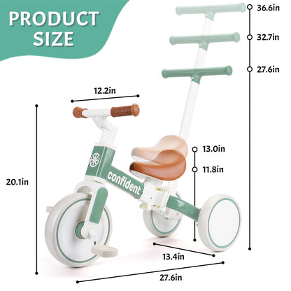 Toddler Tricycle Balance Bike for 2 3 4 Year Olds, 5 in 1 Kids Trike with Parent Handle & Removable Pedals, Push Trike Ride on Toys, Birthday Gifts for Boys Girls