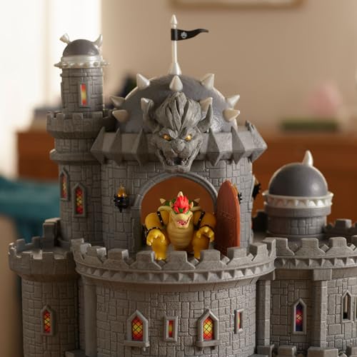 Super Mario Galaxy Bowser Castle Playset with mini Bowser figure, character accessories, heat-activated paintings, three play levels.