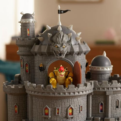 Super Mario Galaxy Bowser Castle Playset with mini Bowser figure, character accessories, heat-activated paintings, three play levels.