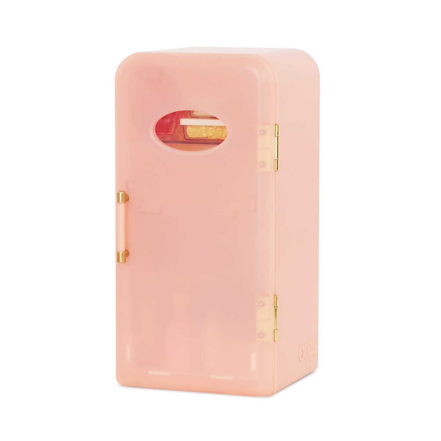 Pink mini fridge for dolls with play food accessories, realistic design for Our Generation fashion doll play.
