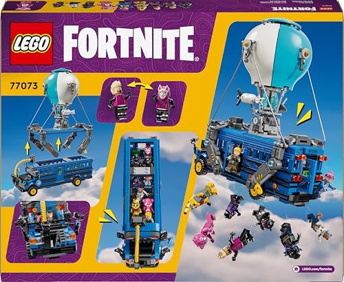 LEGO Fortnite Battle Bus toy model kit with 9 character minifigures and accessories, ideal for gaming fans aged 10 and up.