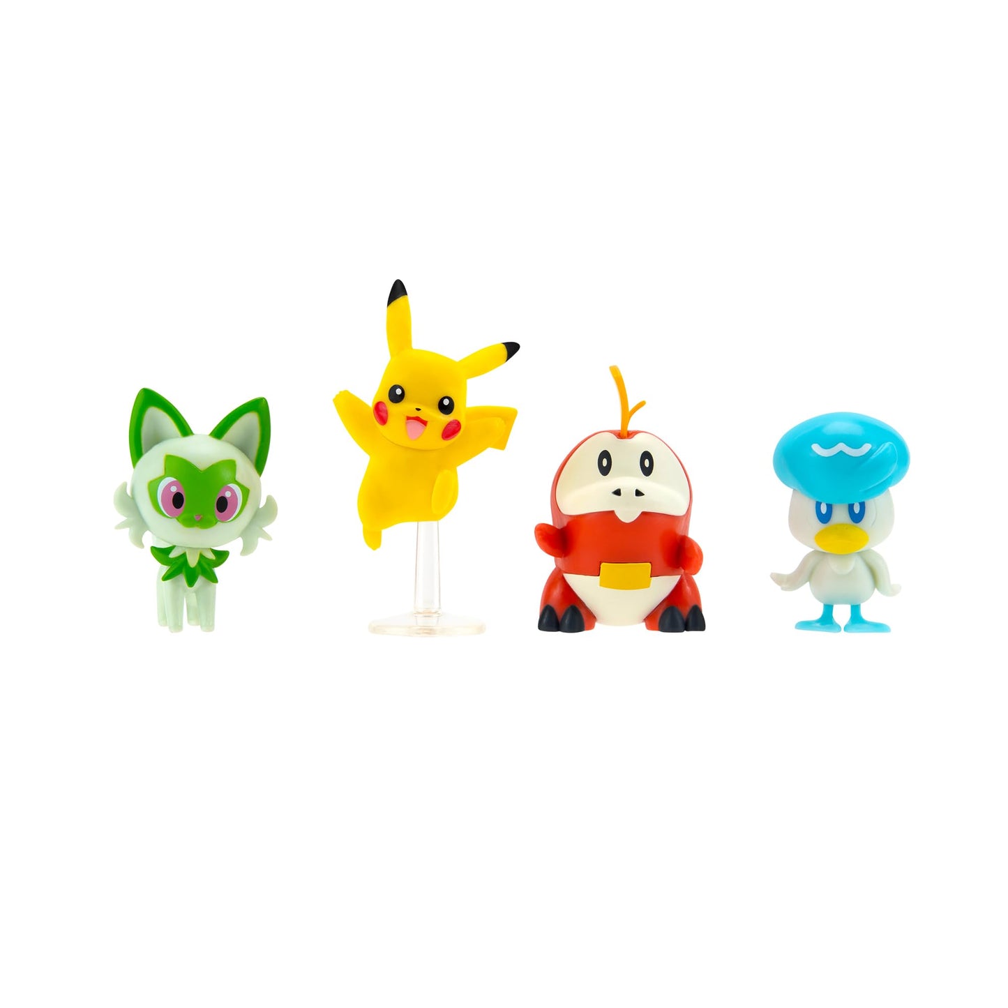 Pokémon Paldea Battle Figure 4 Pack featuring 2-inch Pikachu, Fuecoco, Sprigatito, and Quaxly figures on display.