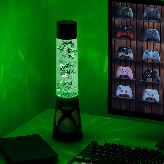 Paladone Xbox Glitter Liquid Flow Lamp with floating controller icons, illuminated night light for gaming room decor