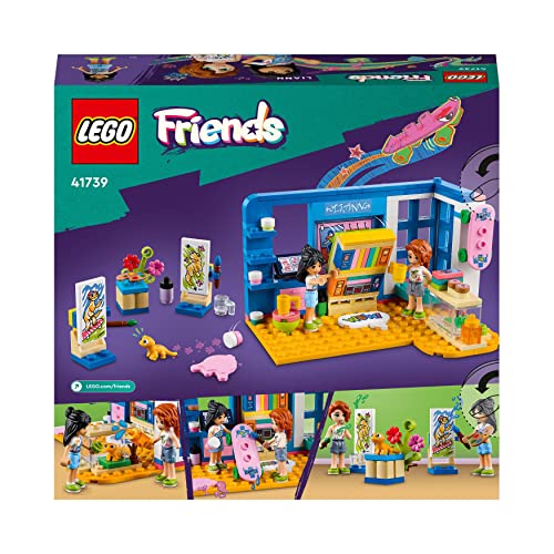 LEGO Friends Liann's Room playset featuring an art-themed bedroom, Liann and Autumn mini-dolls, and a pet gecko.