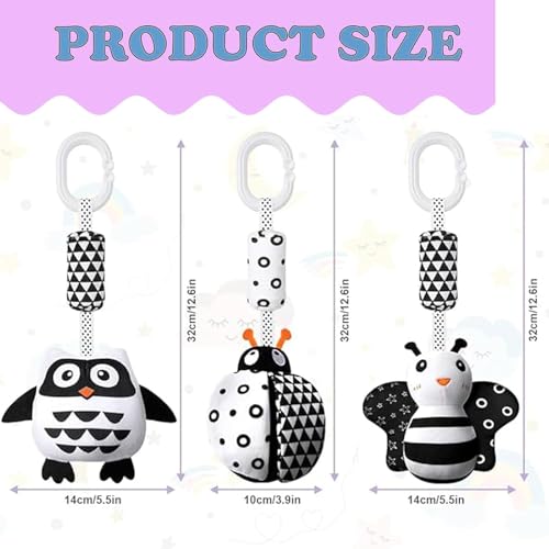 Set of three Mystiqut hanging sensory toys featuring high contrast black and white ladybug, bee, and owl for ages 15+