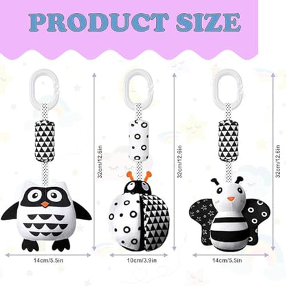Set of three Mystiqut hanging sensory toys featuring high contrast black and white ladybug, bee, and owl for ages 15+