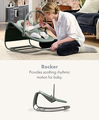 Mamas & Papas Tempo 3-in-1 rocker and bouncer with lightweight frame, 3-point harness, and removable magnetic toy bar in ivy color.