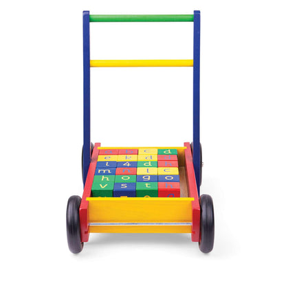 Tidlo baby walker with colorful ABC blocks, sturdy wooden frame and wheels for early walking support.