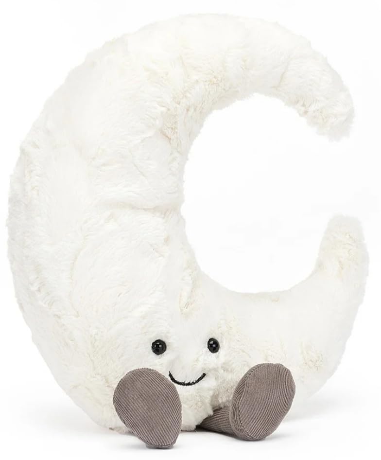 Jellycat white crescent moon plush decoration with a soft, cuddly texture and a smiling face, ideal for nursery decor.