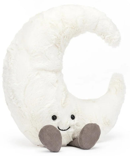 Jellycat white crescent moon plush decoration with a soft, cuddly texture and a smiling face, ideal for nursery decor.
