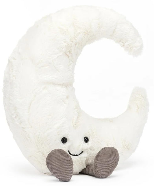 Jellycat white crescent moon plush decoration with a soft, cuddly texture and a smiling face, ideal for nursery decor.