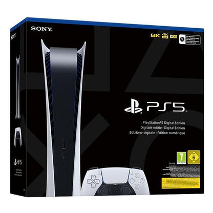 Sony PlayStation 5 Digital Edition console with sleek white design and black accents, front view showing disc drive and power button.