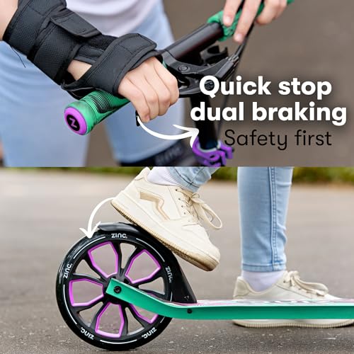 Zinc Verge Pro Kids Scooter – Big Wheel Kick Scooter for Ages 6+, Foldable 2-Wheel Scooter with 200mm Wheels, Lightweight, Height Adjustable, Rear Footbrake, Supports up to 100kg, Black & Green