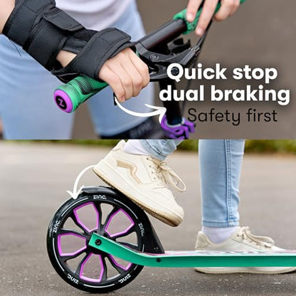 Zinc Verge Pro Kids Scooter – Big Wheel Kick Scooter for Ages 6+, Foldable 2-Wheel Scooter with 200mm Wheels, Lightweight, Height Adjustable, Rear Footbrake, Supports up to 100kg, Black & Green