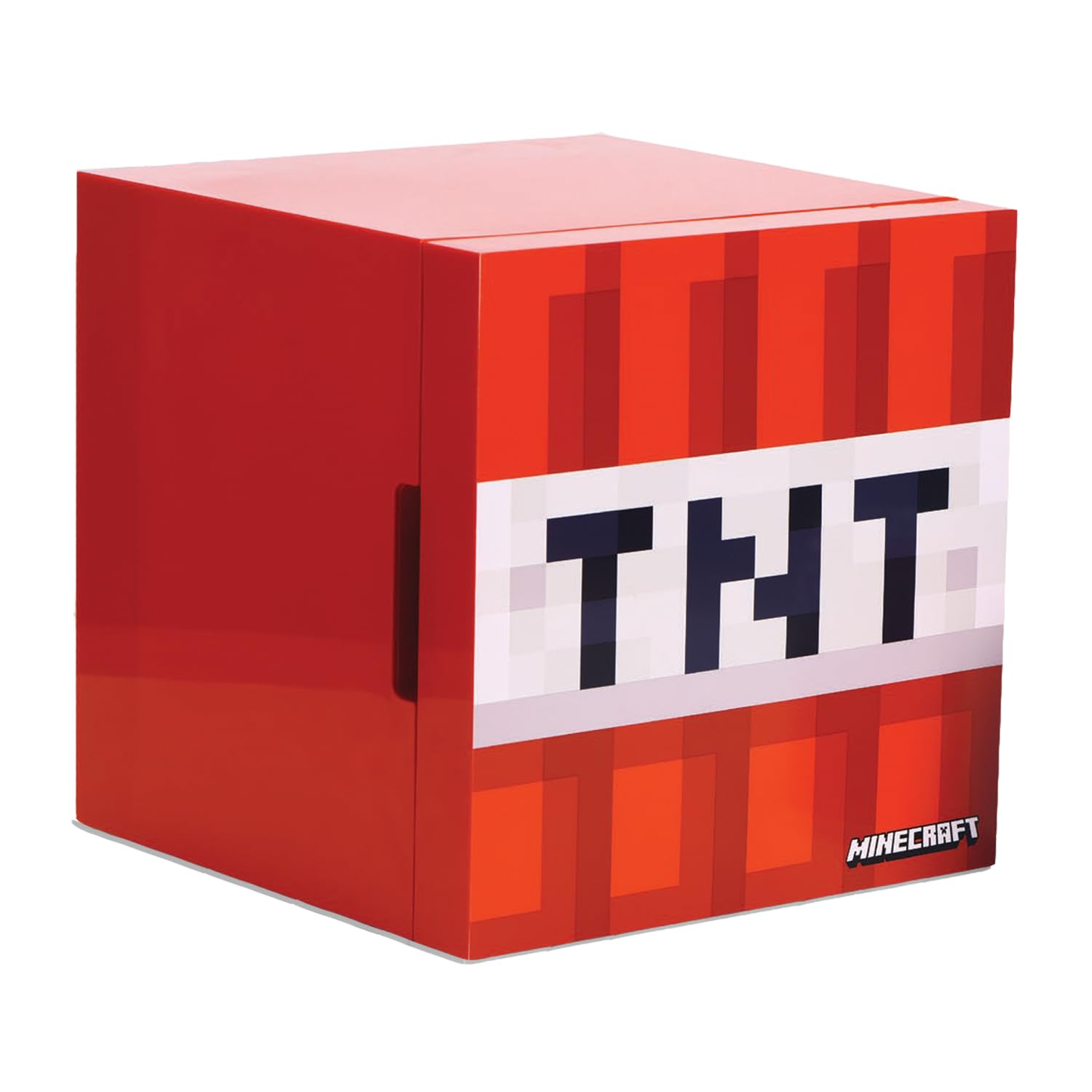Menkind UKONiC Minecraft TNT Block mini fridge with AC/DC power, 6 can capacity, featuring a TNT block design.