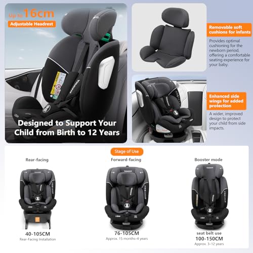 Vasacava Baby Car Seat 360° Rotating i-Size R129 ISOFIX with Support Leg Newborn to 12 Years Side Impact Protection Adjustable Headrest & Recline Group 0+1+2+3 Suitable from 40–150cm