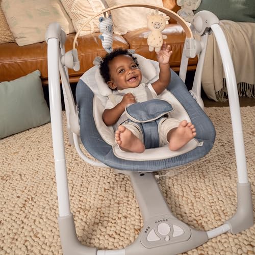 Ingenuity Swing n Go Portable Swing, Removable Sustainably Sourced Wood Toy Bar, 5-Speed, for Ages 0-9 Months, Up to 20 Pounds, Chambray