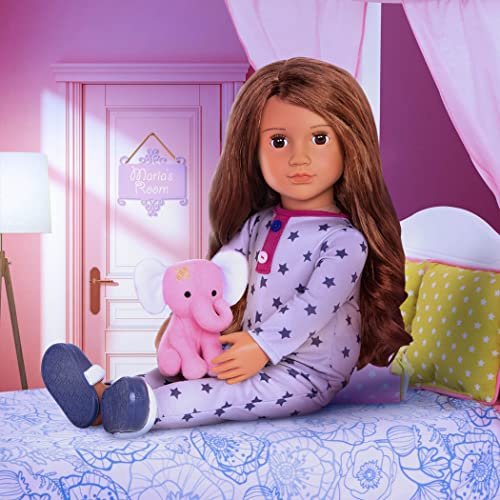 Our Generation Maria fashion doll in pink pyjama onesie holding an elephant plush toy, poseable doll for kids aged 3 to 12.
