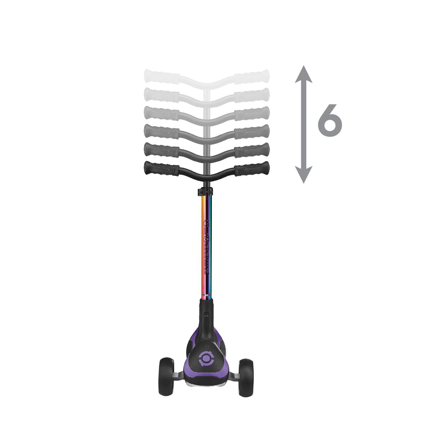 Globber Ultimum 3 wheel scooter in neochrome, featuring adjustable height, wide deck, and folding design for kids and adults.