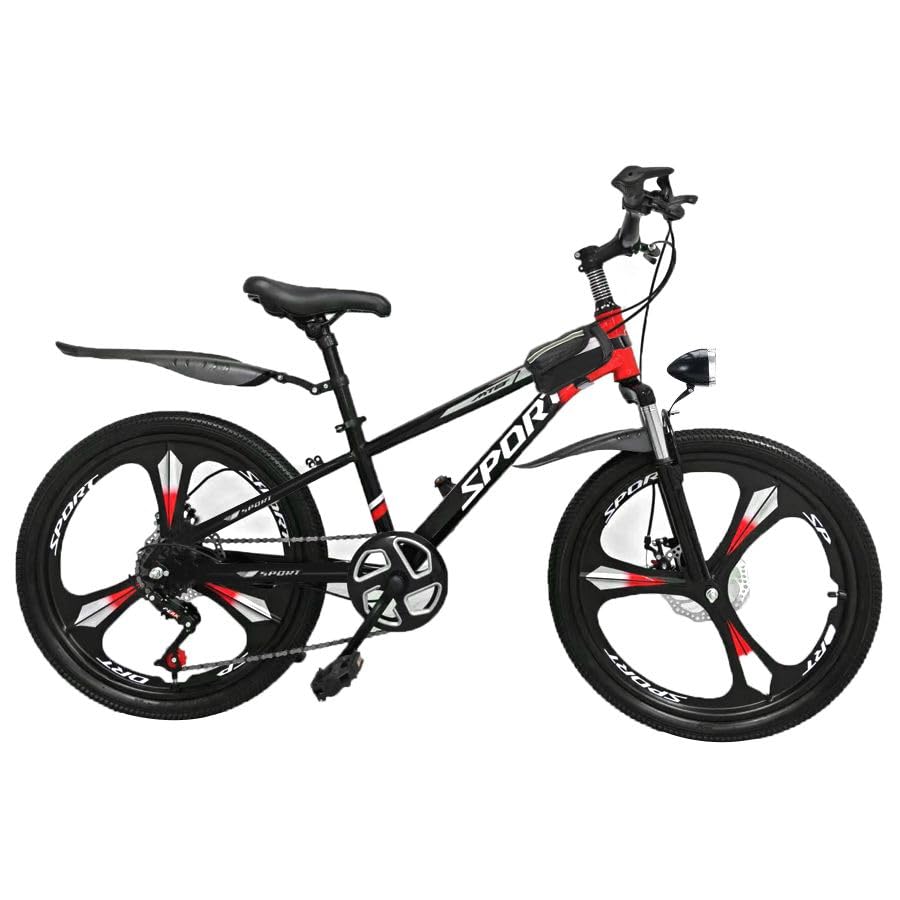 Unisex 20-inch 7-speed kids mountain bike with magnesium wheels, dual disc brakes, suspension, headlight, and tool kit for ages 6-12.