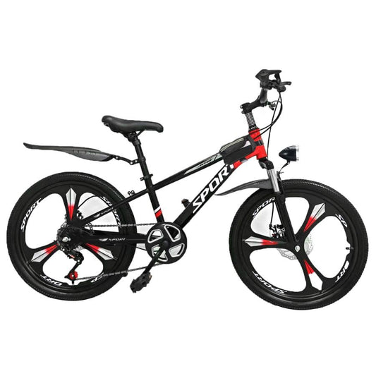 Kids’ 7-speed unisex mountain bike with magnesium wheels, suspension, dual disc brakes, headlight, and tool kit for ages 6 to 12.